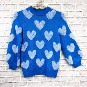 💙|•PINK LILY•| Blue on Blue Raised Knit Hearts Sweater Size Small